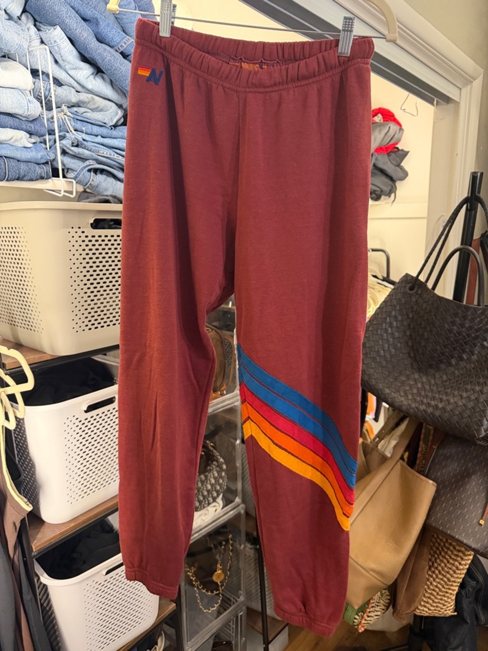 Aviator Nation Burgundy Track Joggers with Blue, Orange & Yellow Stripes